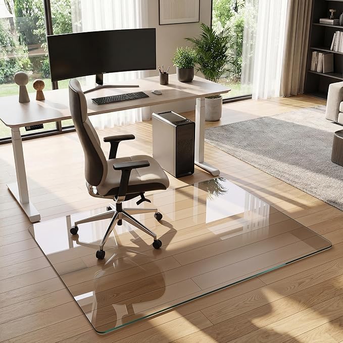Tempered Glass Chair Mat for Hardwood Floor, 36" x 48" Heavy Duty Glass Office Chair Mat, for Low Pile Carpet, 0.2" Thick with 4 Non-Slip Pads, Smooth Rolling for Home & Office