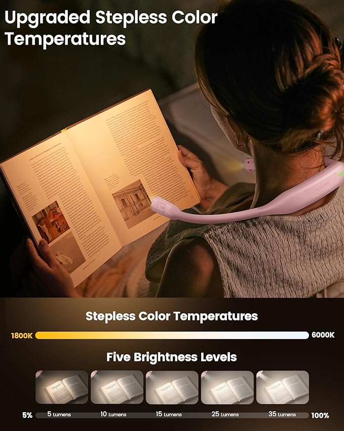 Glocusent Lightweight Neck Light for Reading in Bed, 1200mAh Rechargeable Book Light, Hands-Free Reading Light, 5 Colors, 5 Brightness Adjustable, Private Bedtime Reading for Book Lover
