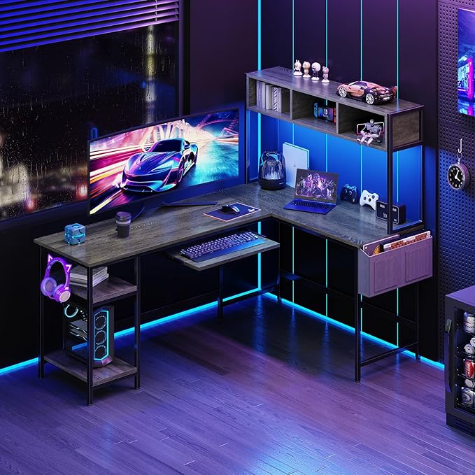 DUMOS L Shaped Gaming Desk 67", Reversible Computer Desk with LED Lights, Corner Desk for Small Spaces with Keyboard Tray & Storage Shelf, Metal Frame PC Gaming Table for Home Office Bedroom, Gray