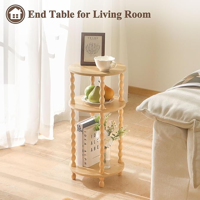 AWASEN Small End Table, 3-Tier Round Side Table for Small Spaces, Round Accent Table Nightstand for Bedroom, Living Room, Office, Natural