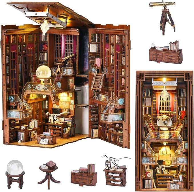 MiniCity Book Nook Kit, DIY Miniature Dollhouse Booknook Kit, 3D Wooden Puzzle Bookend Bookshelf Insert Decor with LED Light for Teens and Adults (Beyond Library)