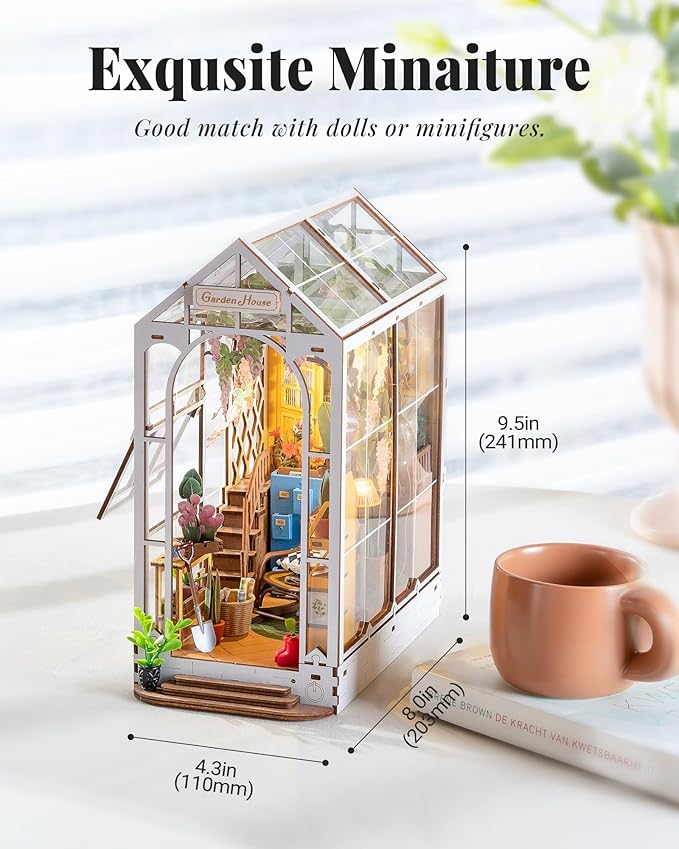Rolife DIY Book Nook Kit Wooden 3D Puzzle Bookends 9.5" Garden House Miniature Kit with LED Bookshelf Decor Arts and Crafts for Adults Family Project Hobby Creative Gifts for Girls Boys Christmas