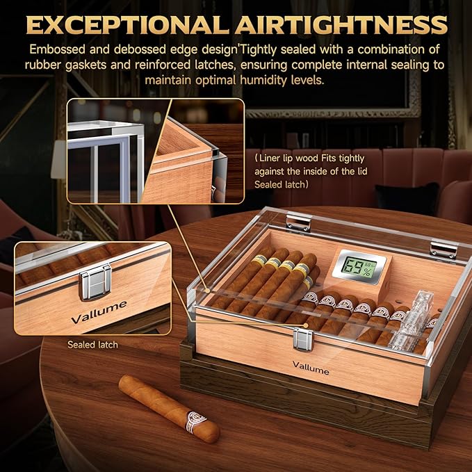 VALLUME Cigar Humidor, Acrylic Humidor with Wooden Drawer Base, Compact Desktop Humidor, Features Gel-Controlled Sliding Cigar Humidifier, Cedar Wood Tray, Ideal Gift for Men (Small size)