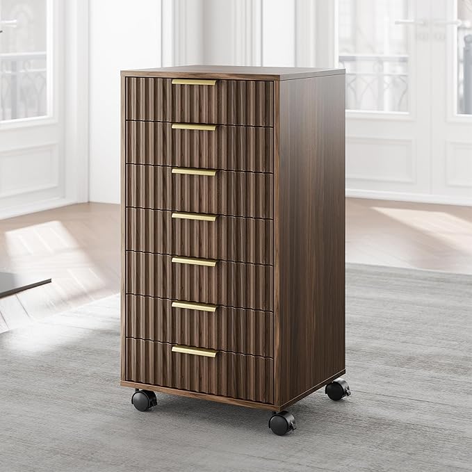 7 Drawer File Cabinet, Wooden Office Cabinet with Drawers, Fluted Storage Filing Drawer for Home Office,Black Walnut