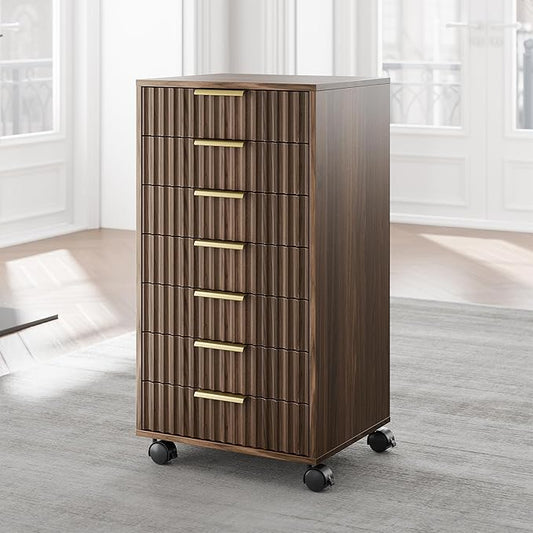 7 Drawer File Cabinet, Wooden Office Cabinet with Drawers, Fluted Storage Filing Drawer for Home Office,Black Walnut