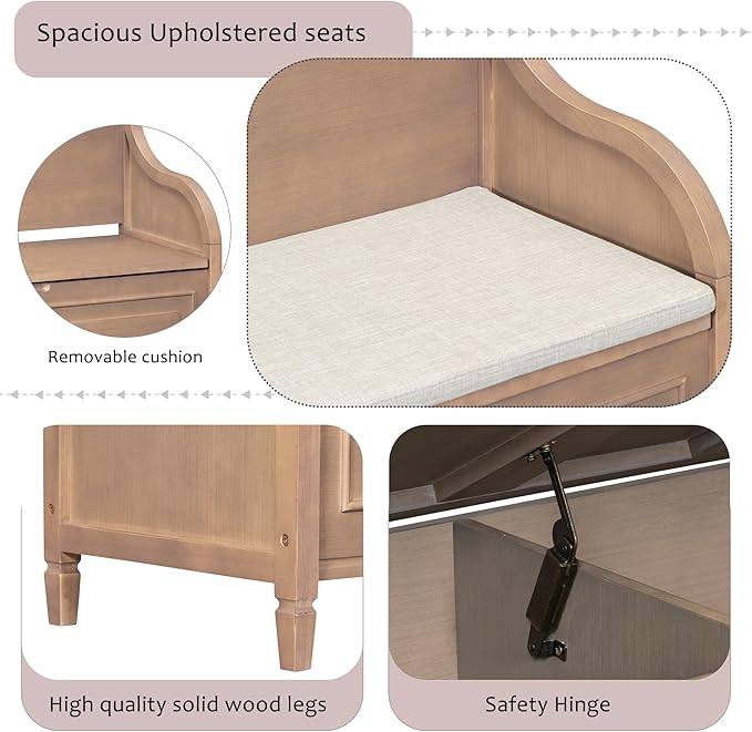 SOFTSEA 41.9" Storage Bench with Back, Entryway Shoe Bench with Cushion & Lift Top Storage, Rustic Shoe Storage Cabinet with Cushioned Seat for Entryway, Bedroom, Living Room (Brown)