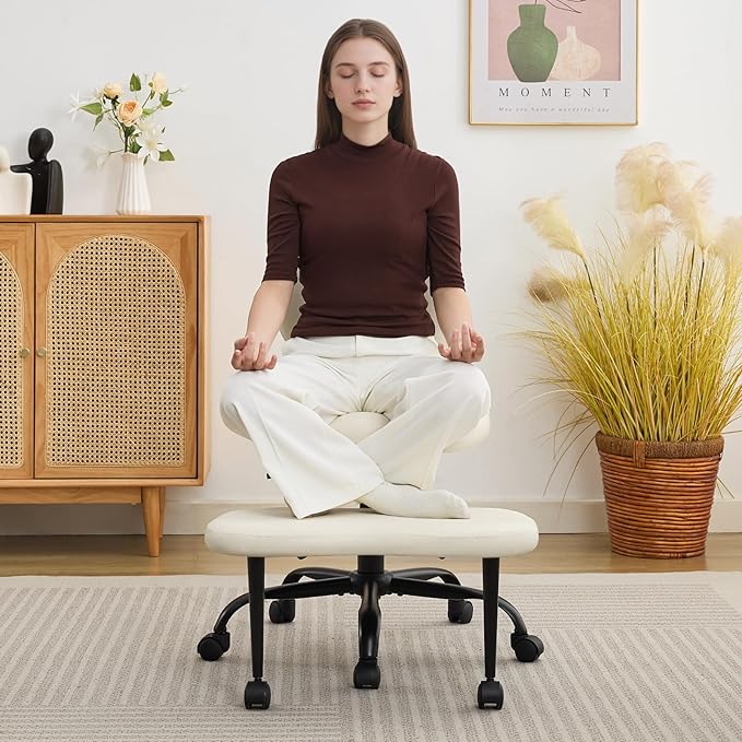 Criss Cross Legged Meditaion Chair,Exquisite Home Office Furniture,Ergonomic Kneeling with Lumbar Support and Adjustable Height Stool,for ADHD Adults,Teddy Fabric (White, Faux Leather)