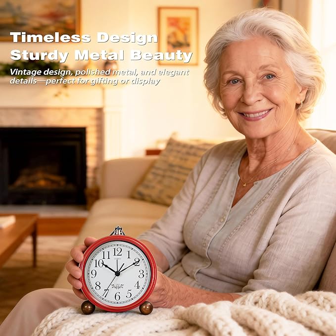 AYRELY® 5.3" Vintage Analog Alarm Clock, Battery Operated Metal Desk Clock, Retro Table Clock with Light for Living Rooms, Bedrooms, Shelf, Home Decor (Red-White)