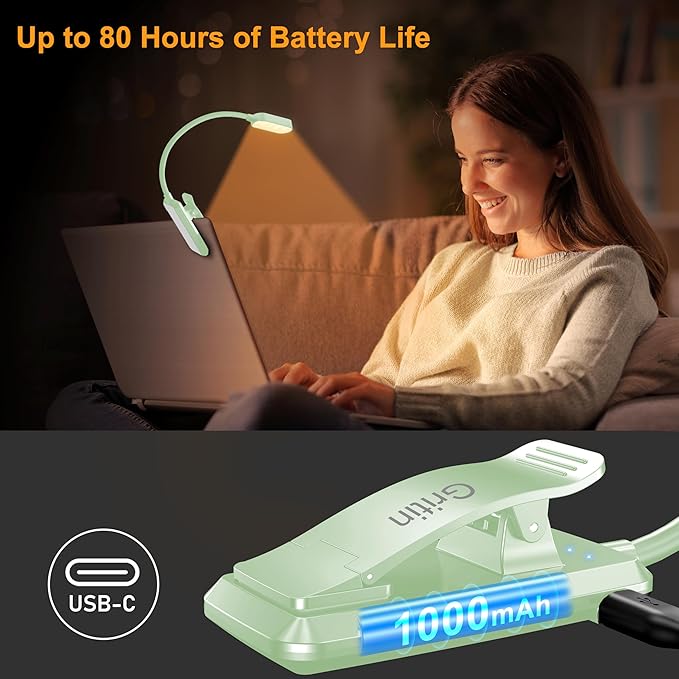 Gritin 16 LED Rechargeable Book Light for Reading in Bed- Eye Caring 3 Color Temperatures, Stepless Dimming Brightness, 80 Hrs Runtime, Lightweight Flexible Clip on Light for Book Lovers-Cyan