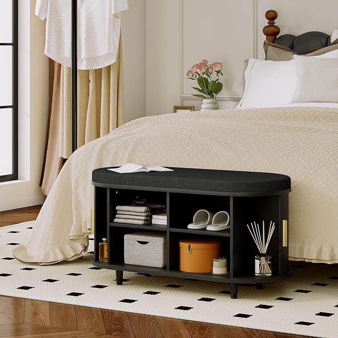 DHH 2-Tier Storage Bench,Wide Shoe Bench with Thickened Padded Seat Cushion, Mid Century Modern Fluted Sliding Door and Adjustable Shelf, for Entryway, Living Room, Bedroom (Black, 35.4“)