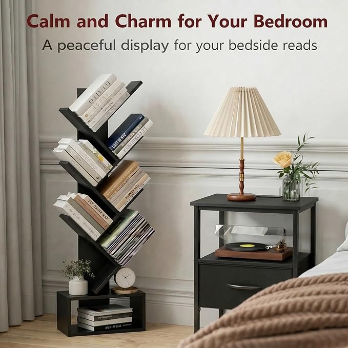 XBurmo 6 Tier Tree Book Shelf - Small Bookshelf Decor, Corner Bookshelf, Living Room Storage, Tall Narrow DVD & CD Shelf Storage Bookshelves, Comic Bookcases Standing for Bedroom or Office, Black