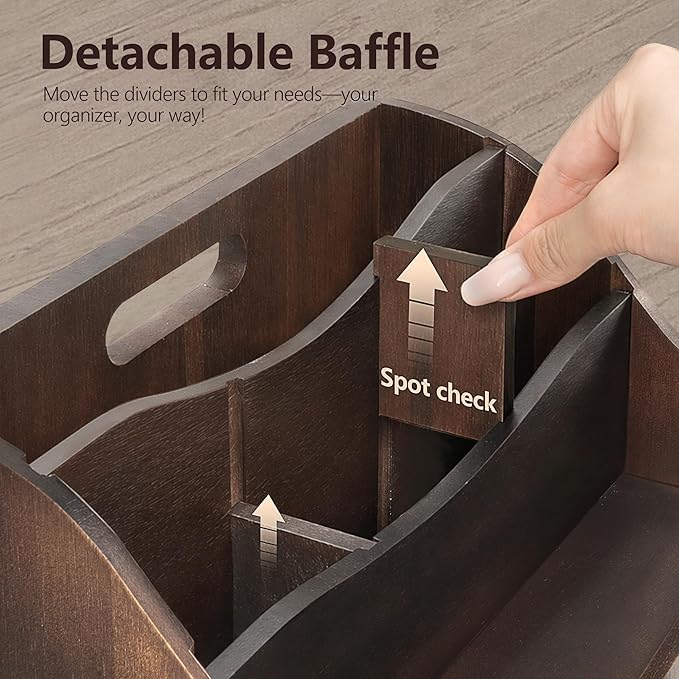 Rebee Vision Acacia Wood Mail Organizer for Desk – Retro Countertop Mail Holder with Dividers – 4-Slot Letter Sorter for Office Accessories – Desktop Organizer for Home Decor (Dark Acacia)