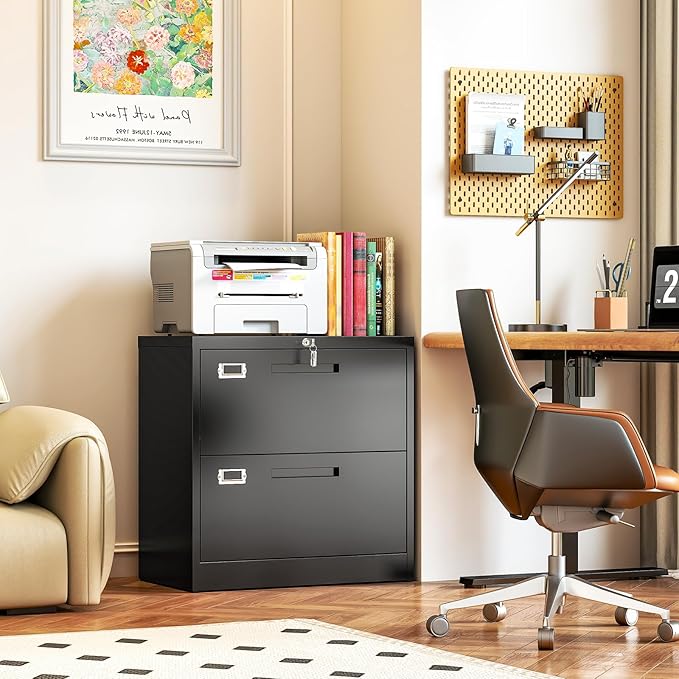 Metal Lateral 2 Drawer File Cabinet with Lock, Wide Filing Cabinet for Letter/Legal/F4/A4 Hanging Files, Storage Cabinet for Home Office School, Black