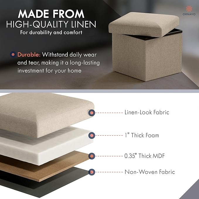 Ornavo Home Small Storage Ottoman Foldable Collapsible Cube Square Linen Ottoman Foot Rest Stool Seat, for Living Room, Bedroom, Home Office, Dorm - 12 x 12 x 12, Taupe