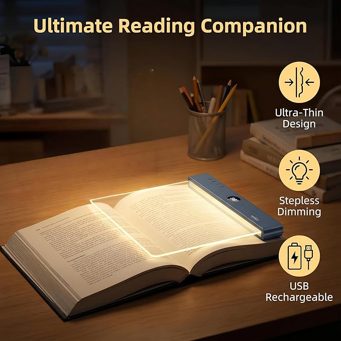 XL LED Reading Book Light Page, Eye-Caring Dimmable Lights for Books in Bed, 3 Color & Stepless Dimmable, USB Portable Flat Panel Lamp Page, Night Light for Kids & Adults (Matte Black)