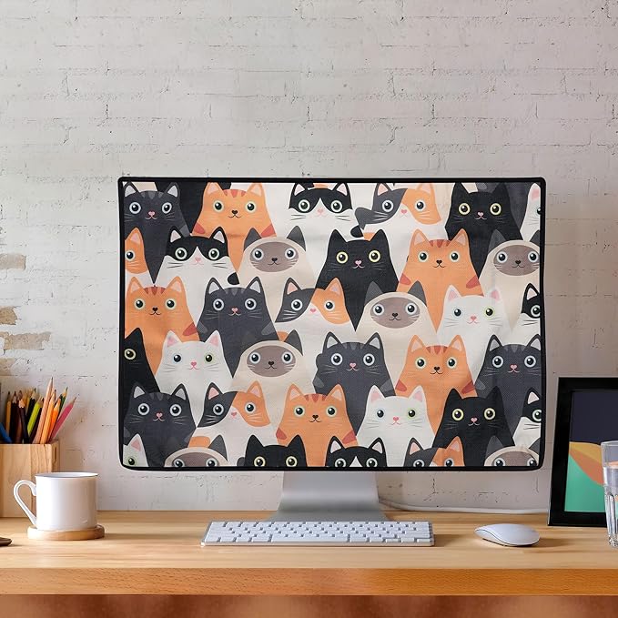 kwmobile Dust Cover for 31-32" Monitor - Linen Monitor Protector with Design - Cats Orange/Black/White