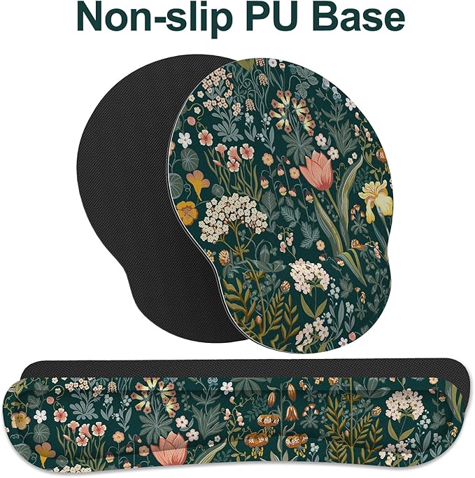 Ergonomic Mouse Pad with Wrist Rest and Keyboard Wrist Rest, Mousepad and Wrist Rest for Computer Keyboard, Pain Relief, Non-Slip Rubber Base, Mouse Pad Wrist Support for Gaming, Green Flowers