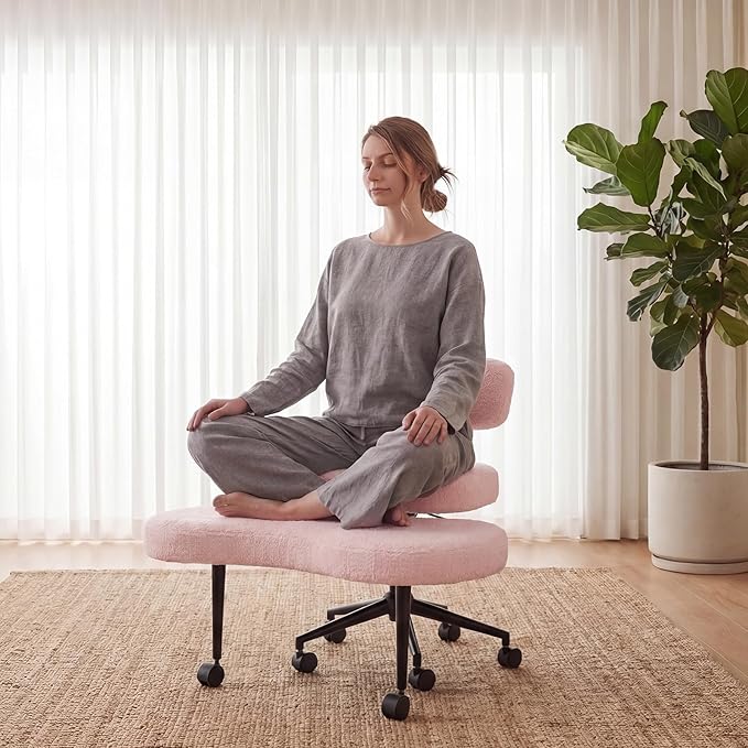 DUMOS Ergonomic ADHD Cross Legged Office Desk Chair with Adjustable Backrest, Height Adjustable Meditation Chair with 360° Swivel Footstool, Teddy Fabric Yoga Stool for Home Office, Pink