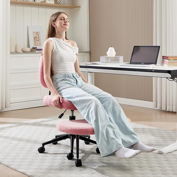 Criss Cross Chair Armless Office Chair for Cross Legged Sitting, 300lb Heavy Duty Ergonomic Desk Chair for ADHD, Adjustable Meditation Yoga Kneeling Chair with Brake Wheels for Home Office (Pink)