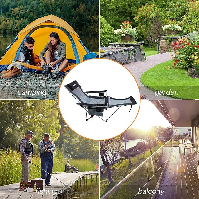 Reclining Camping Chair with Removable Footrest Lounge Chair with Headrest, Cotton Cushion, Portable Adjustable Folding Chairs