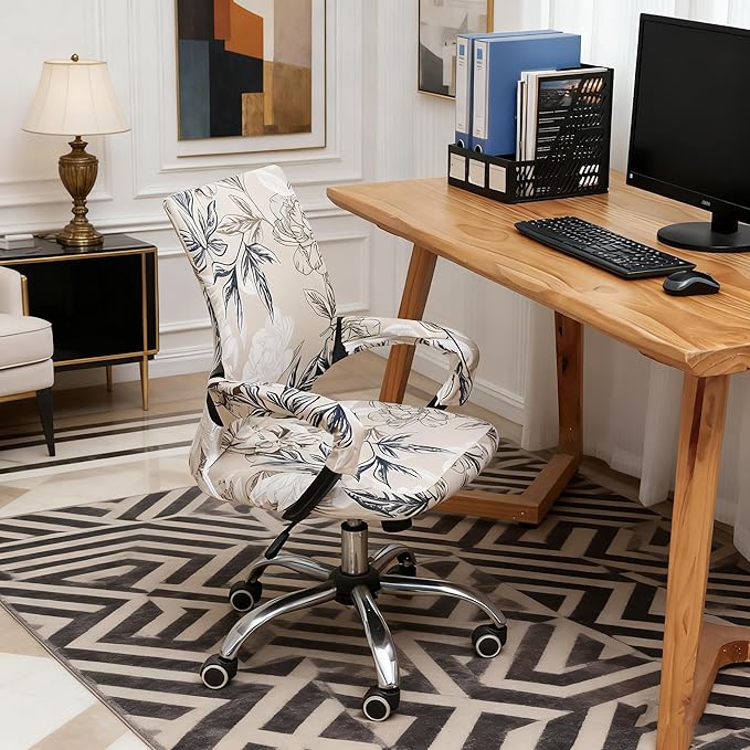 Waterproof Office Chair Cover with Armrest Cover 18Inch Wide Stretch Printed Floral Small Desk Computer Chair Covers with Long Zipper Arm Slipcovers Washable