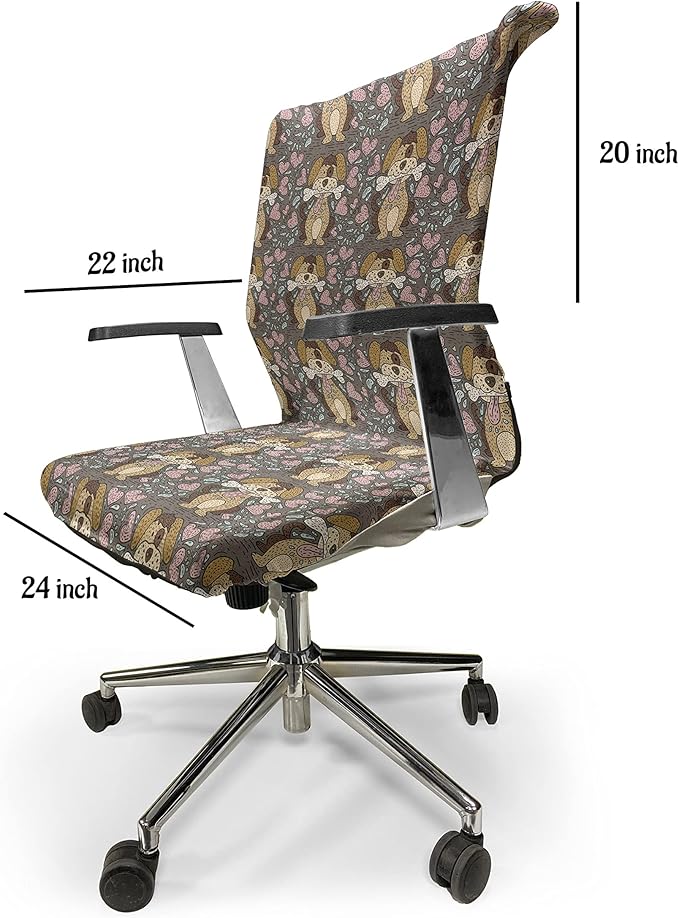Ambesonne Dog Lover Office Chair Cover, Doodle Pattern of Puppy with Bone and Hearts, Stretchable Decorative Universal Size High Back Printed Slipcover, Taupe Grey