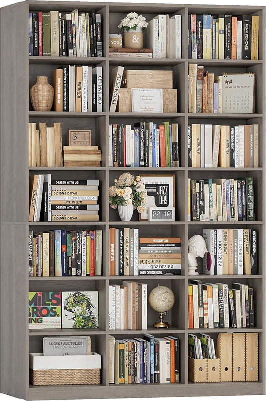 HOSTACK 86"H Triple Wide Bookshelf and Bookcase, 7 Tier Tall Bookshelf with Storage, Large Bookcase with 21 Open Display Storage Shelves, Wood Book Shelf Media CD DVD Storage for Living Room, Ash Gray