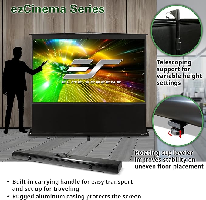 Elite Screens ezCinema Series, Floor Pull Up Manual Projector Screen, 135-inch 16:9, Portable Telescoping Support Bar Black Backing Home Theater Office Classroom Projection Screen, F135NWH, Black