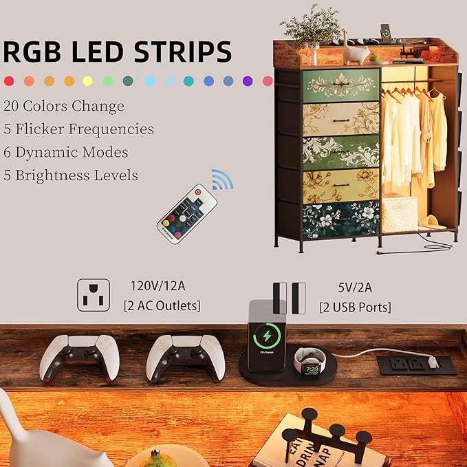 LUMTOK 2-in-1 Dresser with Hanging Racks,5 Fabric Drawers Dressers with LED Lights, Charging Station for Bedroom Living Room, Entryway, Closets (Retro Pattern)