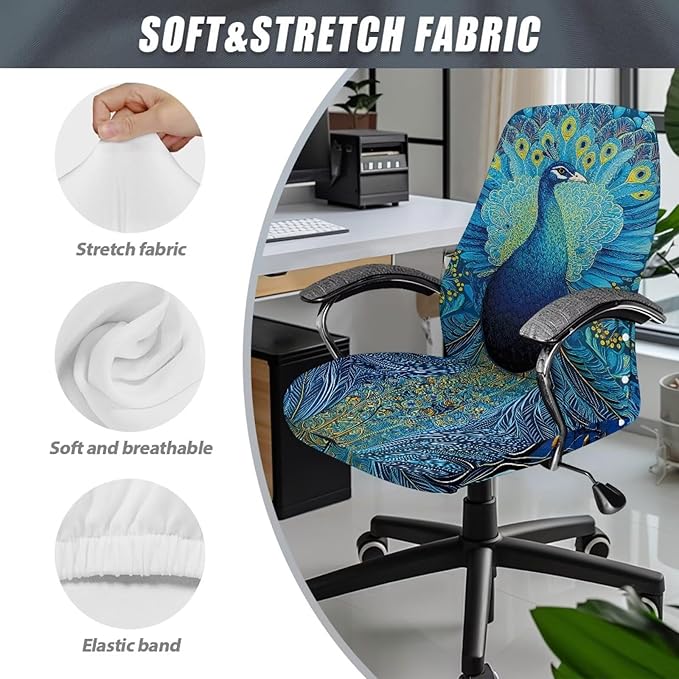 Talayituse Blue Peacock Print Office Chair Covers, Stretch Computer Chair Cover, Universal Boss Chair Covers Modern Simplism Style High Back Chair Slipcover, Large