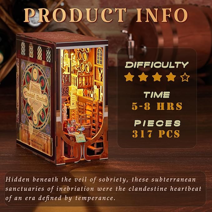 MiniCity Book Nook Kit, DIY Miniature Dollhouse Booknook Kit, 3D Wooden Puzzle Bookend Bookshelf Insert Decor with LED Light for Teens and Adults (Roaring Twenties Speakeasy)