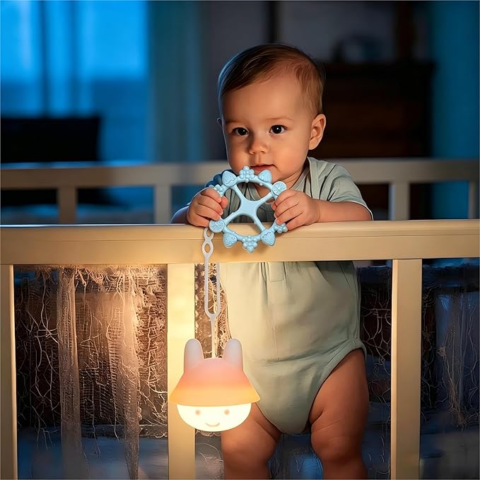Baby Night Light for Car Seat with Ring Teether Baby Infant- Dimming Function 9 Colors Changing Eye Caring Portable Rechargeable & Timing Bedside Lamp Light Up Toddler Bed Room Travel Essentials