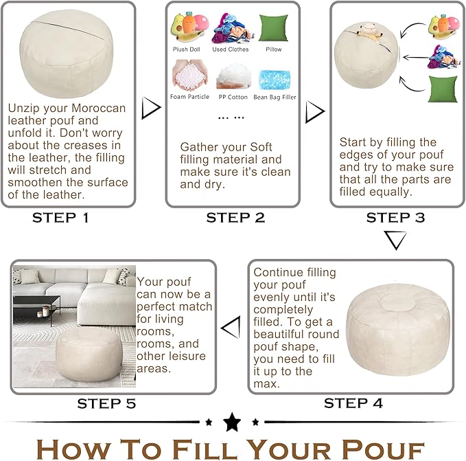 Thgonwid Unstuffed Moroccan Storage Pouf Foot Stool Ottoman Seat, No Filler Included, Handmade Faux Leather Bean Bag Floor Chair Foot Rest for Living Room, Bedroom or Balcony, Ivory White
