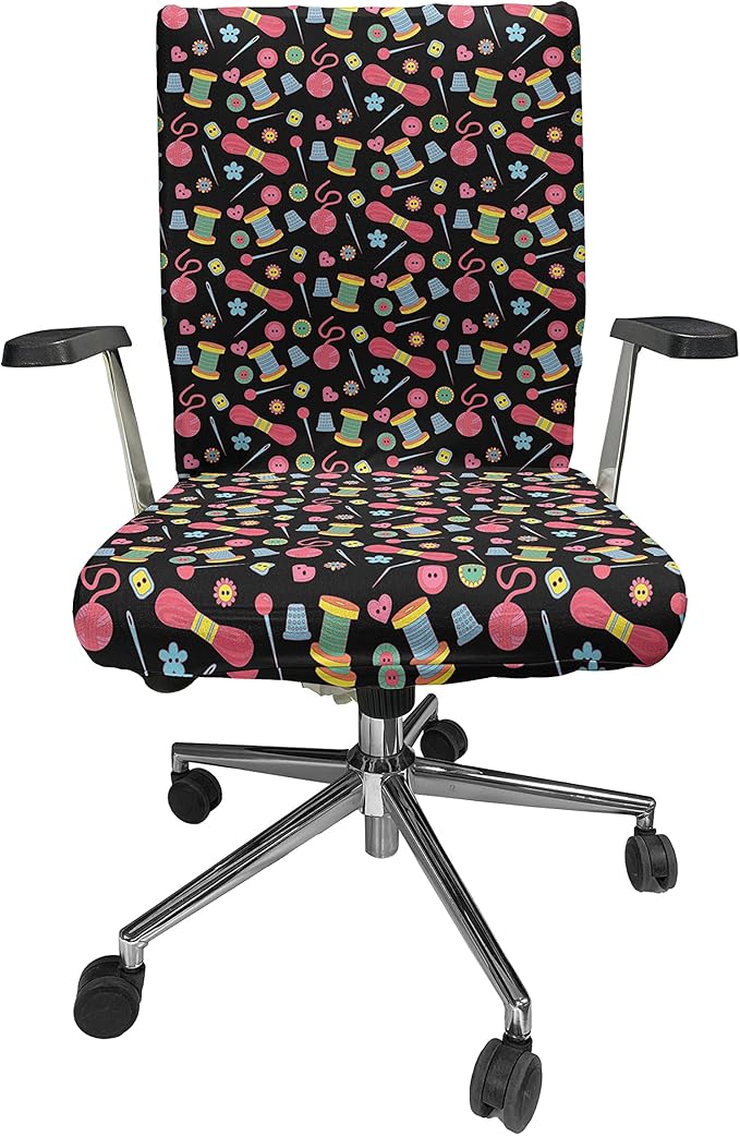 Ambesonne Hobby Office Chair Cover, Colorful Sewing Tools on The Dark Background Handicraft Needlework Knit Theme, Stretchable Decorative Universal Size High Back Printed Slipcover, Multicolor Pink