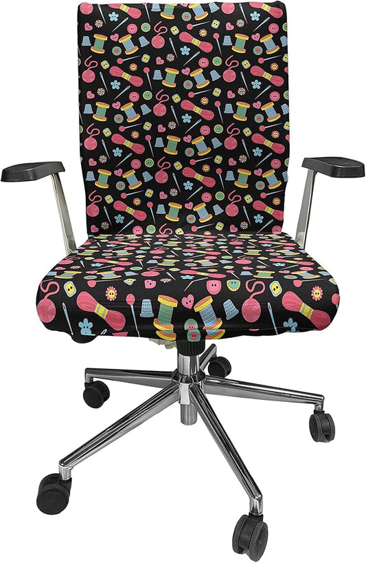 Ambesonne Hobby Office Chair Cover, Colorful Sewing Tools on The Dark Background Handicraft Needlework Knit Theme, Stretchable Decorative Universal Size High Back Printed Slipcover, Multicolor Pink