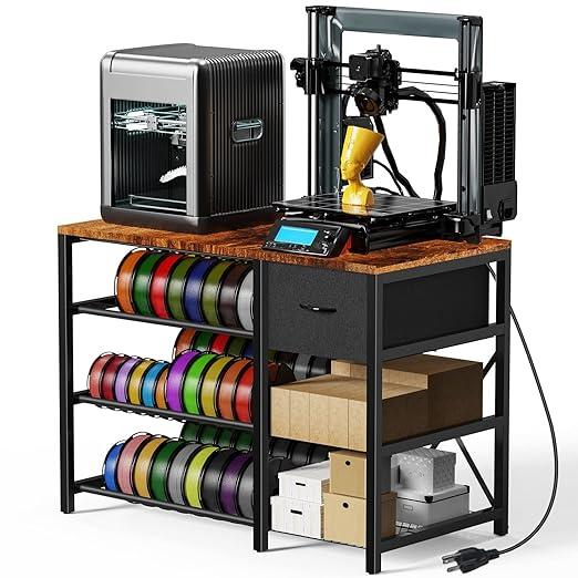 3D Printer Stand with Filament Storage Rack, 3D Printer Table with Power Outlet, 3-Tier Filament Holder with Drawer, 3D Printer Filament Stand Organized for Office Workshop Studio Office