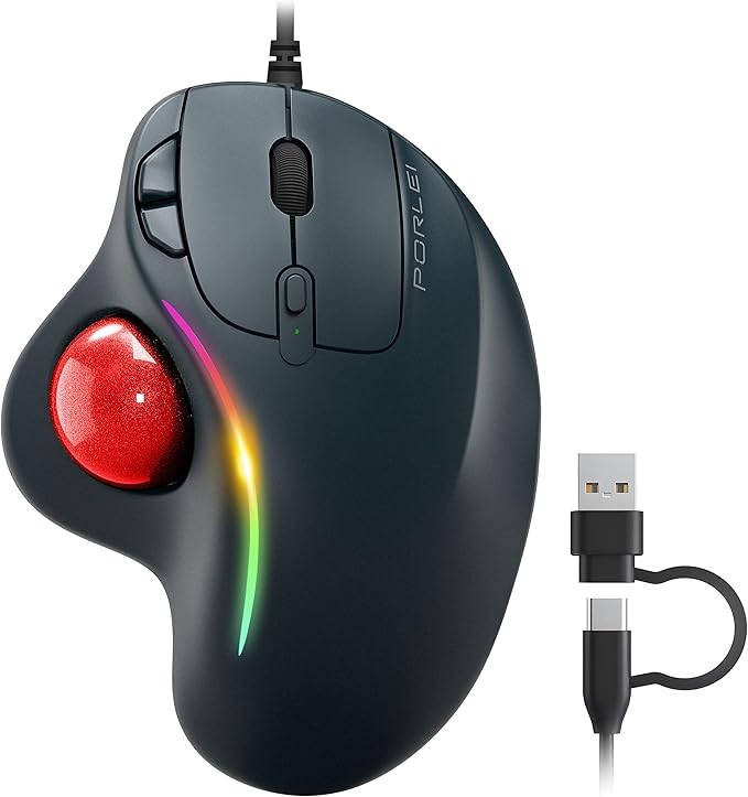Wired Trackball Mouse with RGB Lighting, Ergonomic Thumb Control to Reduce Muscle Strain, 5 Adjustable DPI, Dual USB-C & USB-A Connectivity