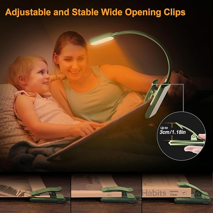 Gritin 16 LED Rechargeable Book Light for Reading in Bed- Eye Caring 3 Color Temperatures, Stepless Dimming Brightness, 80 Hrs Runtime, Lightweight Flexible Clip on Light for Book Lovers-Dark Green