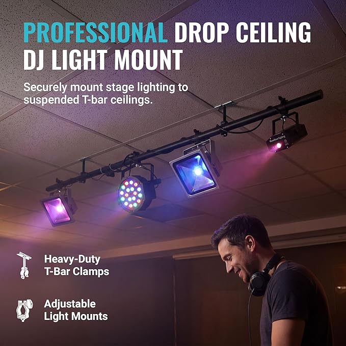 ALZO Suspended Drop Ceiling Mount Light Bar – 6 Ft Aluminum DJ & Stage Light Mounting Bar for T-Bar Grid Ceilings – 40 lb Capacity, 3 Adjustable Mounting Clips, 15 ft 3-Outlet Power Cord – White