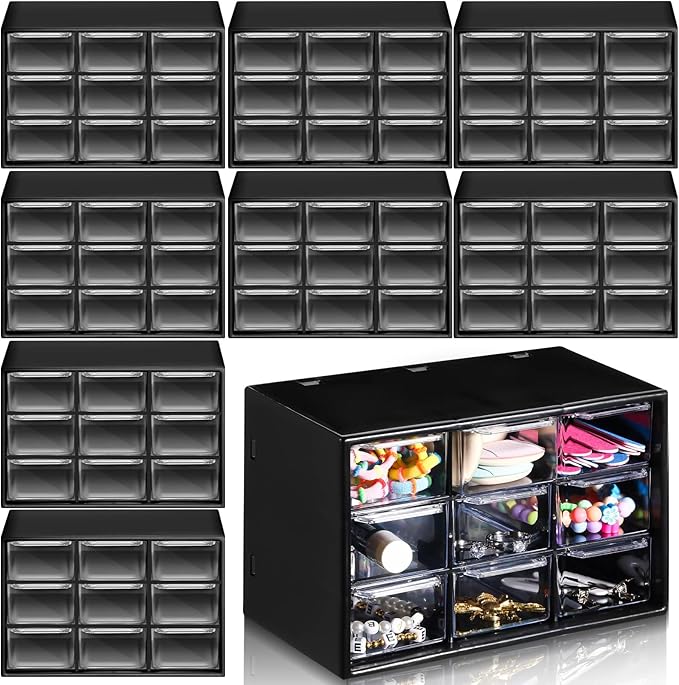 Rtteri 9 Pieces Mini Drawer Organizer Plastic Desktop Storage Box Desk Craft Organizer with 9 Clear Drawers for Office Home Jewelry Small Parts Belongings Cosmetics Collection, Wall Mounted (Black)