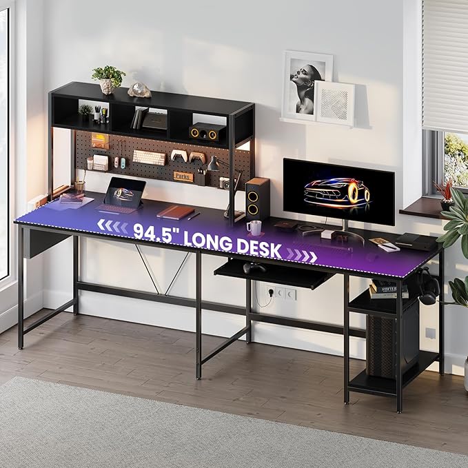 DUMOS L Shaped Gaming Desk 67", Reversible Computer Desk with LED Lights, Corner Desk for Small Spaces with Keyboard Tray & Storage Shelf, Metal Frame PC Gaming Table for Home Office Bedroom, Black