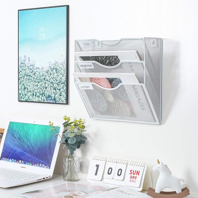 PAG Hanging Wall File Holder Mail Organizer Wall Mount Document Letter Rack, 3-Tier, White