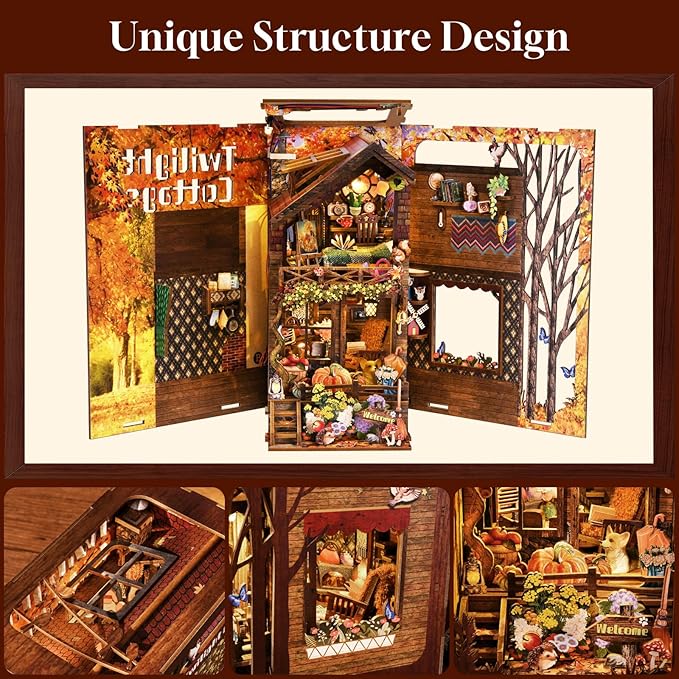 TOYQI Book Nook Kit, Book Nook Kits for Adults, DIY Miniature Dollhouse Kit 3D Wooden Puzzle Booknook Bookend with LED Light