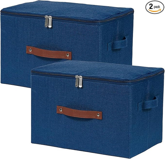 2 Pack Storage Bins with Zipper Lid Cotton Linen Fabric Lidded Storage Baskets Boxes Foldable Washable Closet Shelf Clothes Organizer Container with PU Leather Handles (Deep Blue, Large)