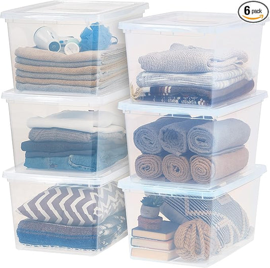 IRIS USA 6-Pack Storage Bins with Lids, 58 Quart, Clear Stackable Containers Box Organize Shoes Closet Shelves Clothes Blankets Towels - BPA-Free Plastic
