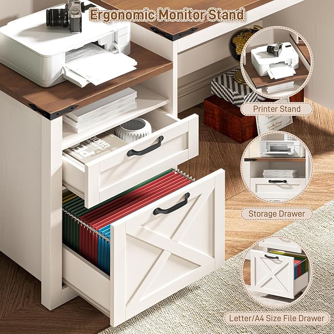 Vabches 51" Executive Desk Farmhouse Home Office Desk with Charging Station, File Drawer, Storage Cabinet, Monitor Stand, Wood Computer Desk with Hutch for Work Study Writing (Rustic White)
