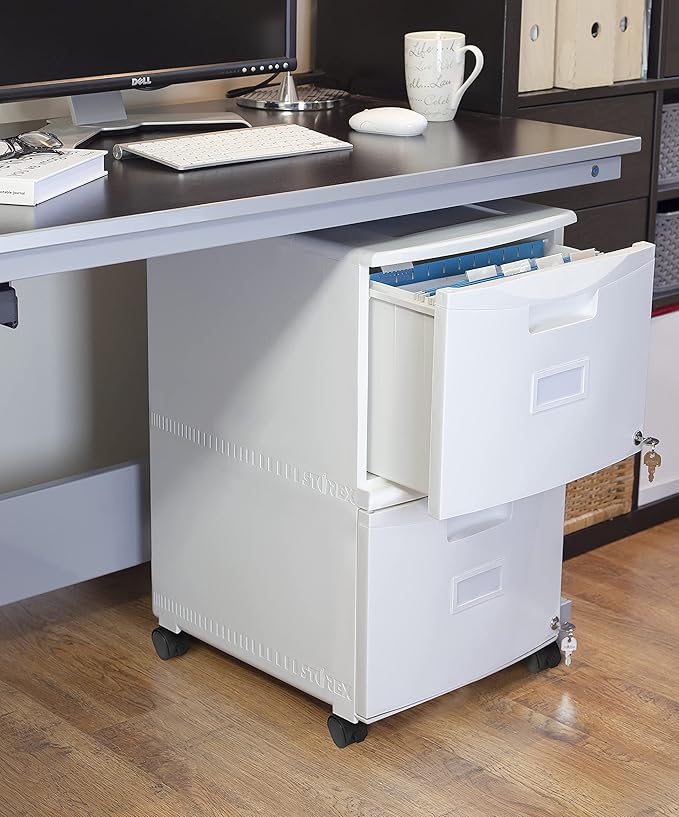 Storex Plastic Two-Drawer Mobile Pedestal File Cabinet – Locking Document Organizer with Casters for Home and Office, White, 1-Pack (61316A01C)