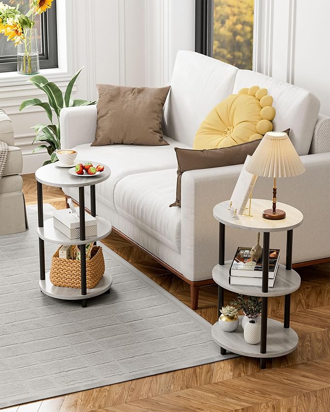 Round Pedestal End Table - 3-Tier Oval Accent Table for Small Spaces, Rustic Wood and Metal Couch Side Table, Nightstand for Bedroom or End Table Living Room, Easy to Assemble, Greige