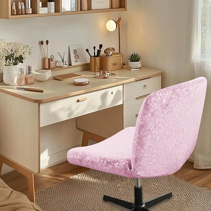 Criss Cross Chair Cover Pink Armless Chair Slipcover Office Desk Chair Covers Velvet Embossing Mid Back Wide Seat Accent Chair Covers for Computer Chairs and Vanity Chairs(Velvet-Pink)