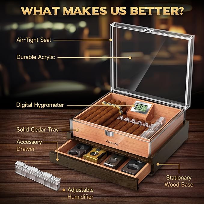 VALLUME Cigar Humidor, Acrylic Humidor with Wooden Drawer Base, Compact Desktop Humidor, Features Gel-Controlled Sliding Cigar Humidifier, Cedar Wood Tray, Ideal Gift for Men (Small size)